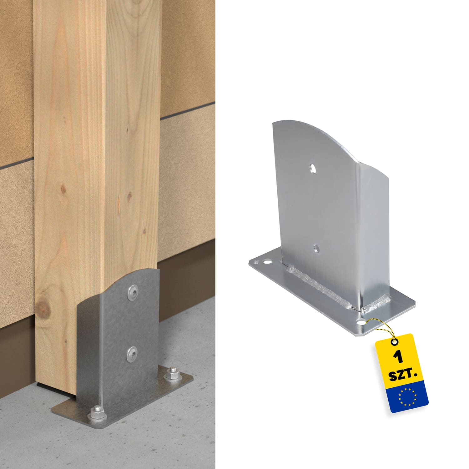 Pfostenträger zum aufdübeln Aufschraubhülse geteilt mit rechteckiger Grundplatte - PSD | 120 mm | verzinkt Säulenfuß-Spaltanker mit rechteckiger Basis PSD, 120 mm, silber, Produktfoto.