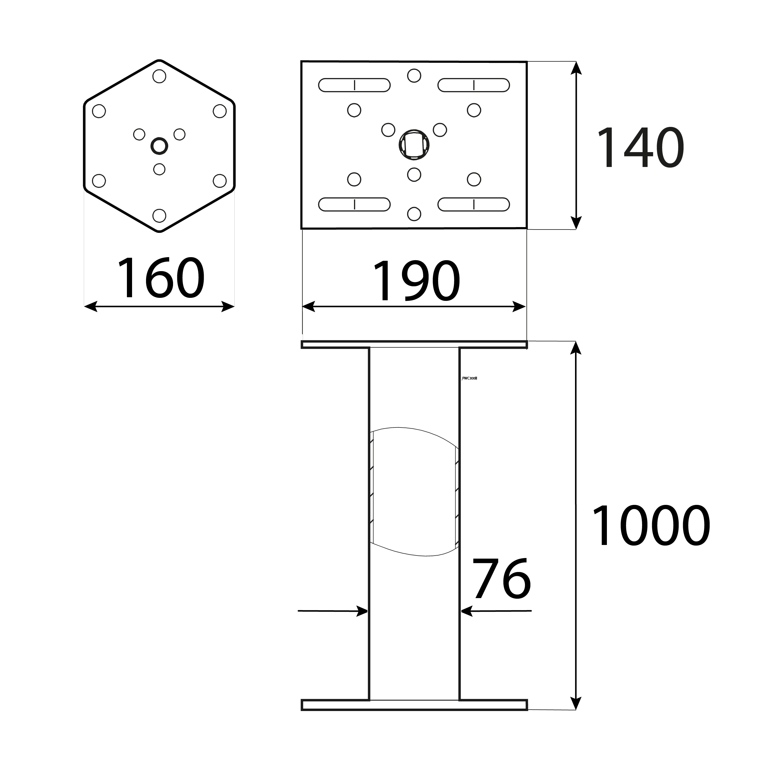 Verlängerung für PWM/PWF Bodenhülse sechseckiger Flansch - PWC | 1000 mm Basisverlängerung PWM/PWF, sechseckiger PWC-Flansch, 1000 mm, S235-Baustahl, silber, Schuss 2.