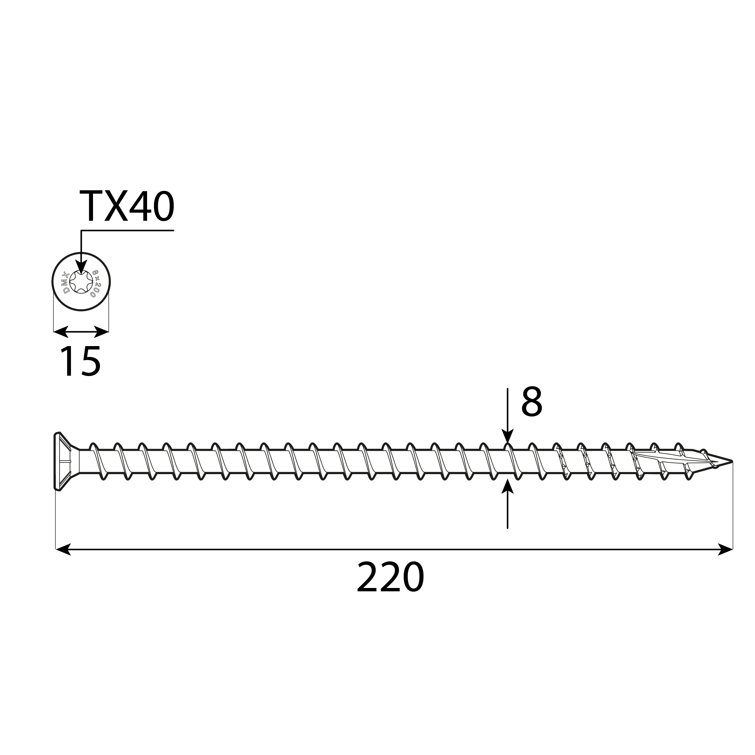 Wkręty z pełnym gwintem konstrukcyjne z łbem stożkwym TORX - CPS | 8 x 220 mm | Srebrny | 50 szt Wkręty z pełnym gwintem konstrukcyjne z łbem stożkwym TORX - CPS | 8 x 220 mm | Srebrny | 50 szt