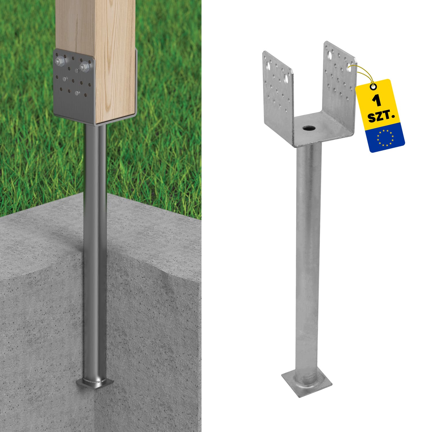U Pfostenträger zum Einbetonieren breit Mehrpunkt mit 500 mm Rohr Pfostenanker Stützen Betonanker - PSS 100 R500 | 100x629 mm | feuerverzinkt U-förmiger Mastfuß, Mehrpunkt-Langrohr PSS 100 R500, 100x629 mm.