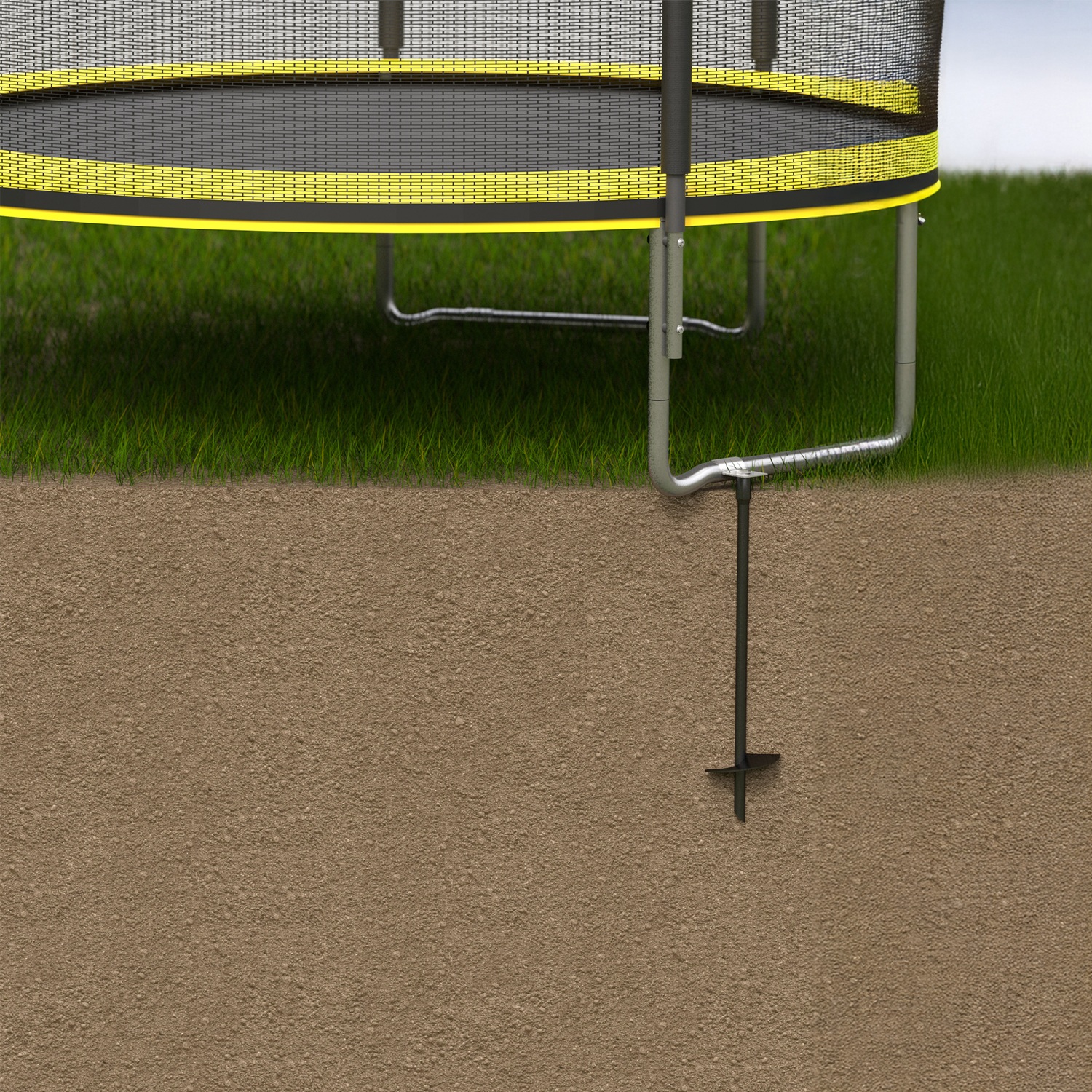 Einschraub Bodenanker mit Sechskantmutter Pfostenträger Stützen Erdanker für Trampolin und Camping - PWT | 60x600 | M12 Basisanker mit Sechskantmutter im Boden verschraubt PWT, 60x600, M12, 2xM12, schwarz, Baustahl S235; DIN 6334, im Zusammenbau.