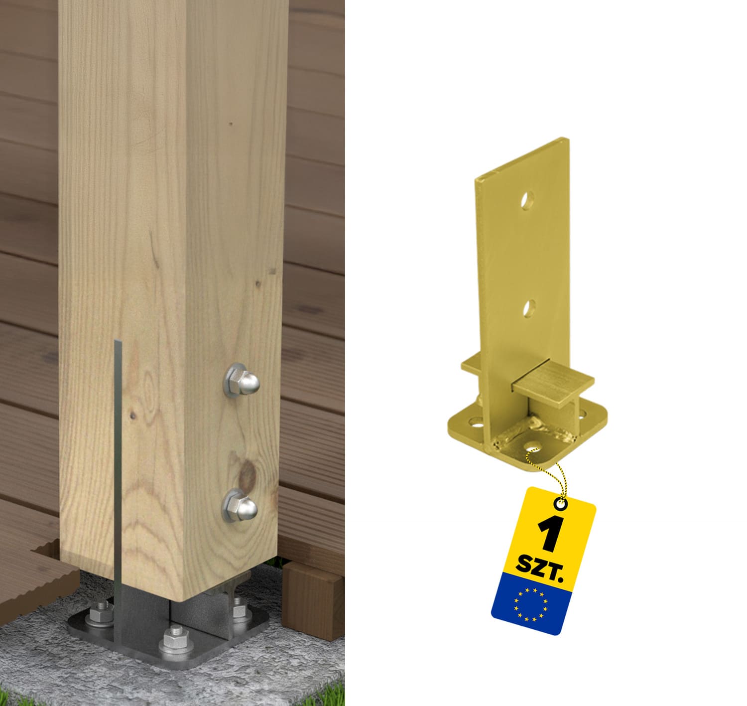 Pfostenträger zum aufdübeln Typ T Stützenfuss schwerlast - PUW | 100 mm | Gold Säulenfußanker zum Verschrauben mit Beton, Typ T, versenkt, stark, PUW, 100 mm, gold.