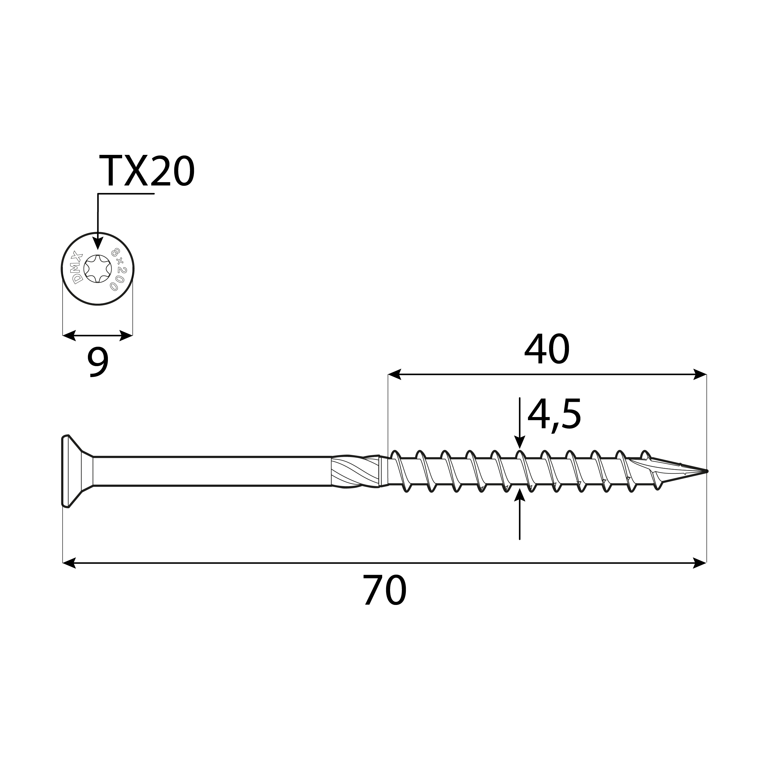 Wkręty ciesielskie do drewna stożkowe TORX - CS | 4,5 x 70 mm | Złoty | 200 szt