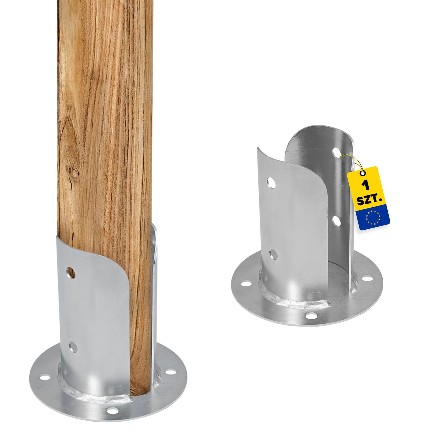 Pfostenträger Stützenfuß rund geteilt mit runder Grundplatte - PSPOD | 90 mm | verzinkt Säulenfuß Rundanker geteilt mit PSPOD Rundfuß, 90 mm, silber.