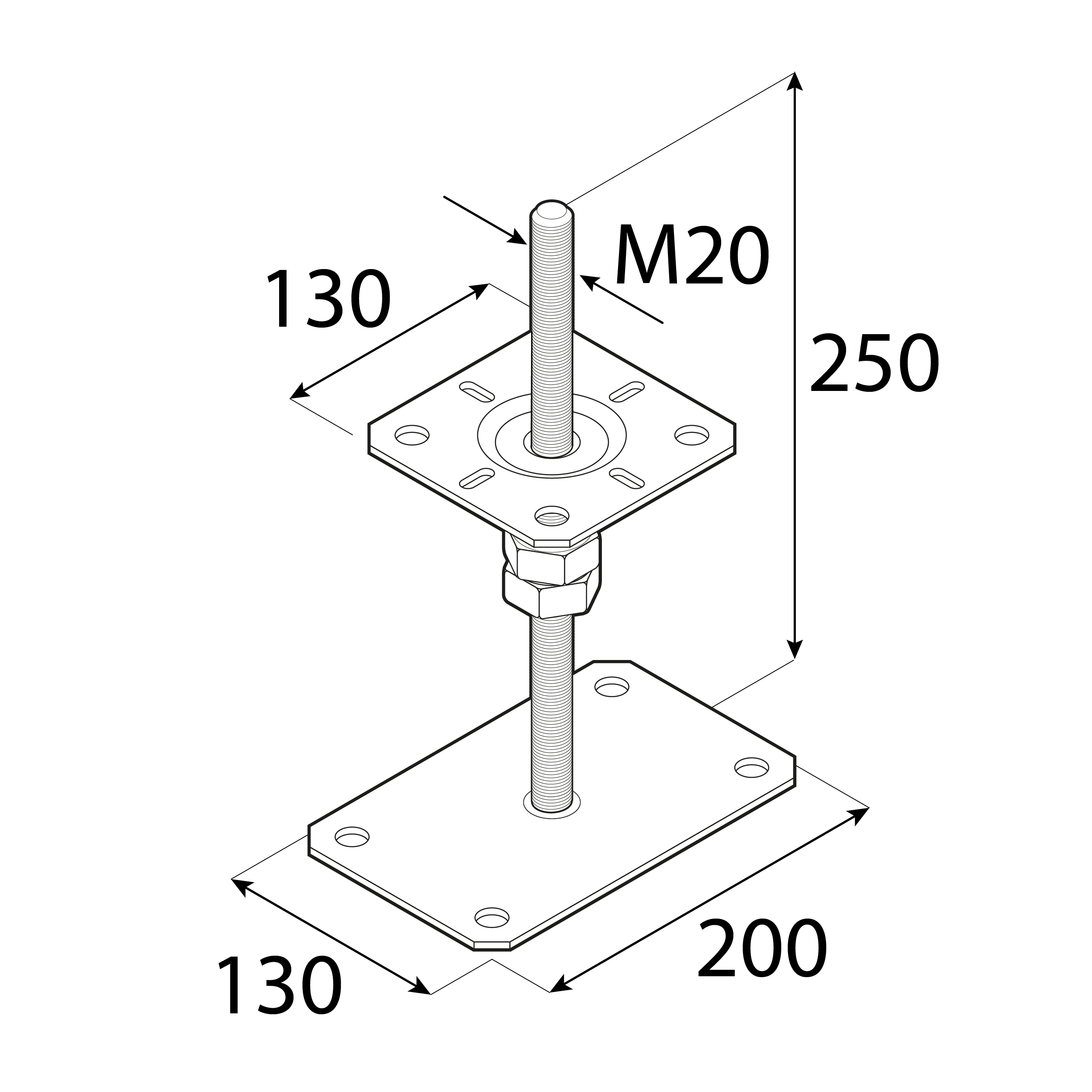 Pfostenträger verstellbar zum aufdübeln Anker mit Gewinde M20 - PSRP | 130x130 mm | 130x200 mm | verzinkt Flacher Mastfuß, höhenverstellbar, geschraubtes PSRP, 130x130 mm, 130x200 mm, M20, Silber 2, Winkel 1.