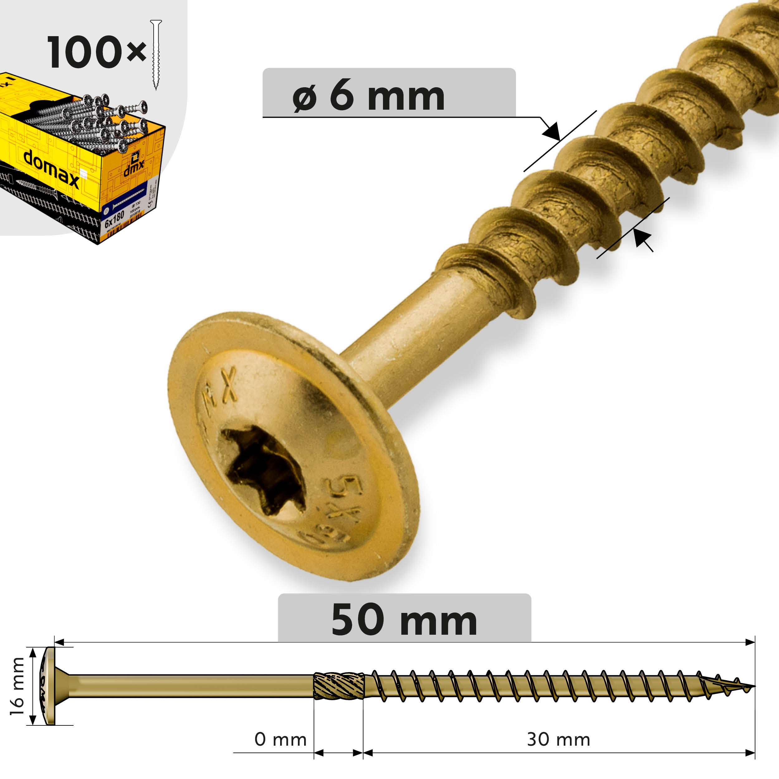 Holzschrauben Tellerkopf TORX Teilgewinde - CT | 6 x 50 mm | gelb verzinkt | 100 Stk. TORX CT Zimmermannsplattenschrauben fĂŒr Holz, 6x50 mm, Gold, 100 Stk., 6x50 mm, gehĂ€rteter Kohlenstoffstahl, Produktbild.