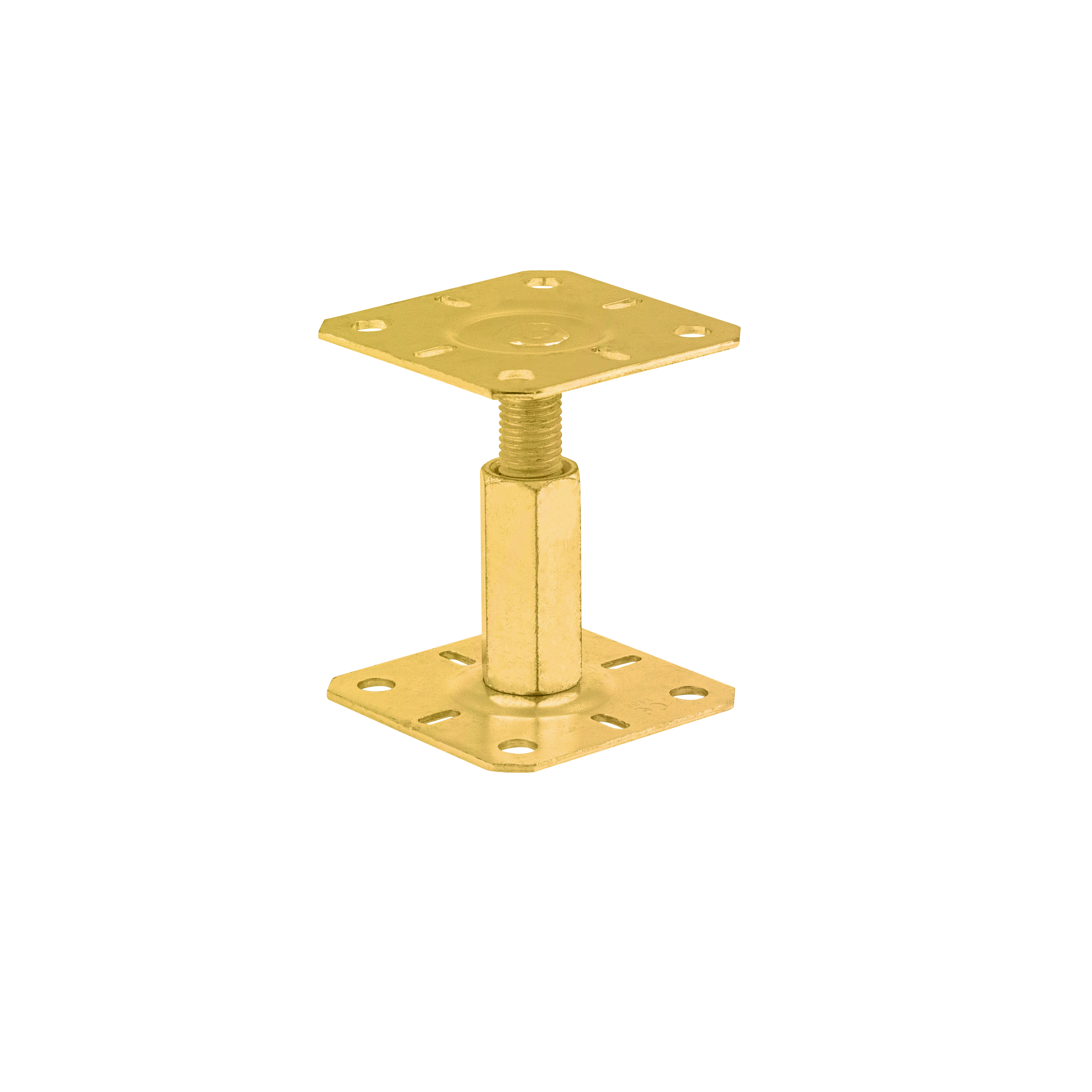 Pfostenträger höhenverstellbar 100 bis 150 mm zum aufdübeln Anker mit Gewinde M20 - PR |100x100 mm | Gold Stangenfuß, flacher Gewindeanker, höhenverstellbar PR, 100x100x100-150 mm, Gold, 150x3,0 mm.