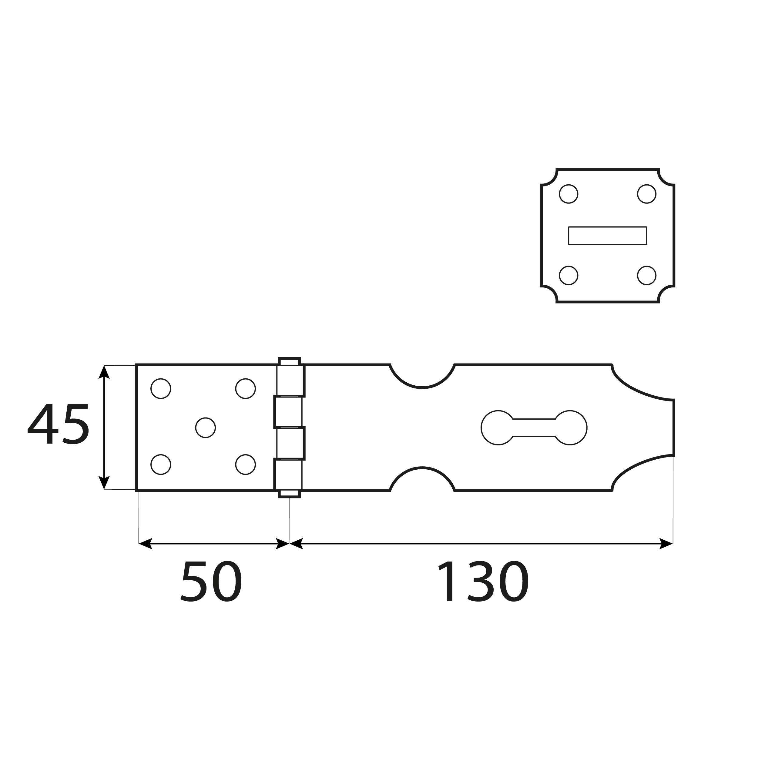 Verdeckte Überfalle für Tore - ZZK | verzinkt | 130 mm Scharnier mit verdecktem Schloss ZZK, Gold, 50 mm, 130x50x45x2,0 mm, Baustahl DC01 2.
