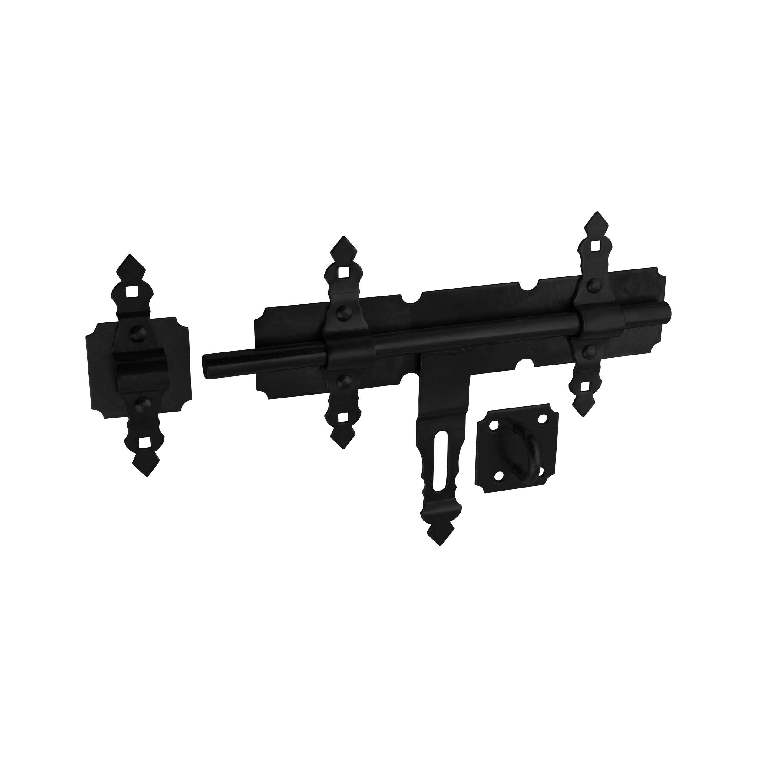 Schwerer dekorativer Torriegel mit flachem Riegel für Tor und Gartentor - WCZ | schwarz | 350 mm Schwerer Zierriegel mit Flachriegel für WCZ-Schlupftor, schwarz, 350 mm, 350 x 200 x 2,5 mm, S235-Baustahl.