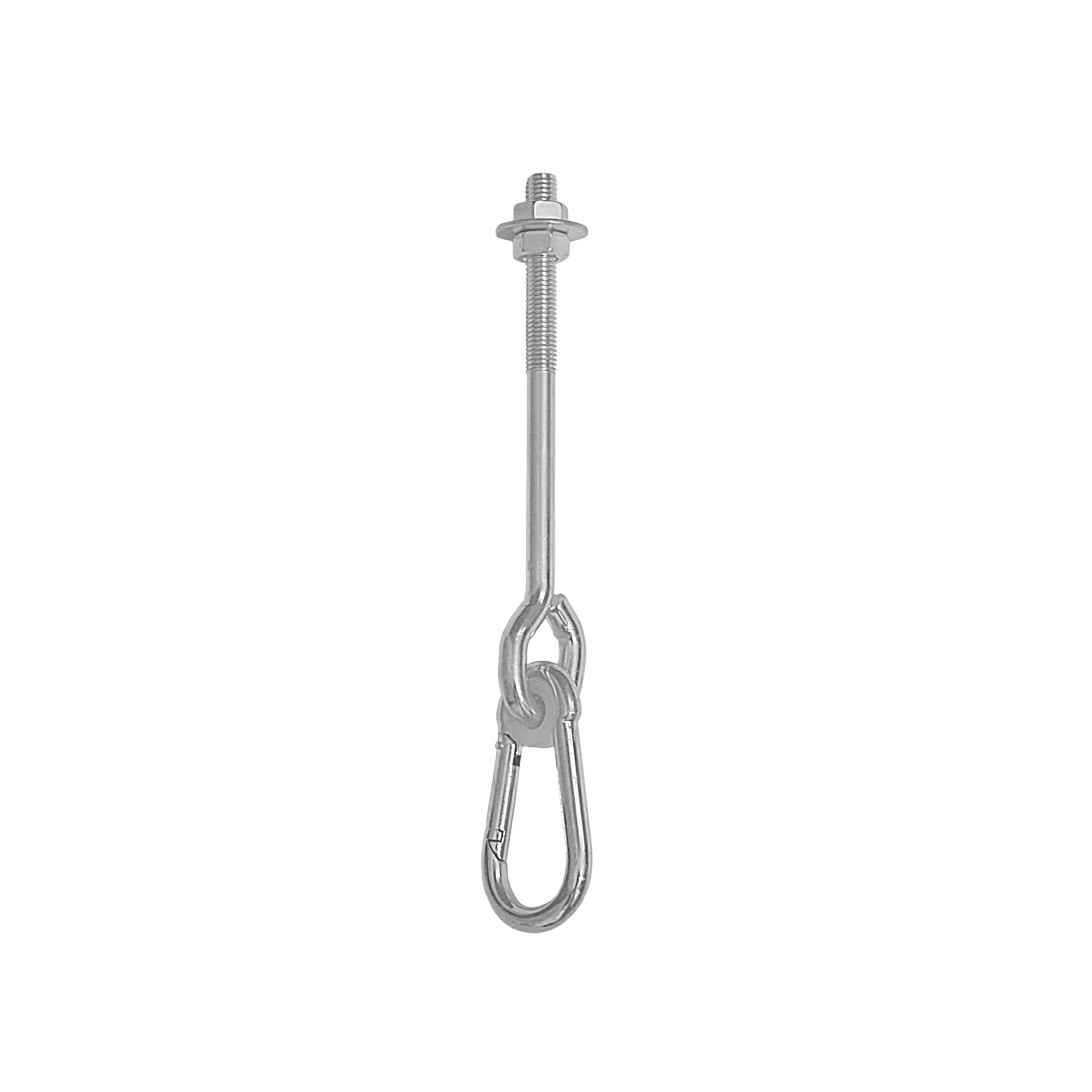 Schaukelhaken mit Karabiner Typ A - MHA | 130 mm | M12 Schaukelhaken mit Karabiner, Schlingenbefestigung Typ A MHA, 130 mm, M12, Silber, Kohlenstoffstahl, inklusive.