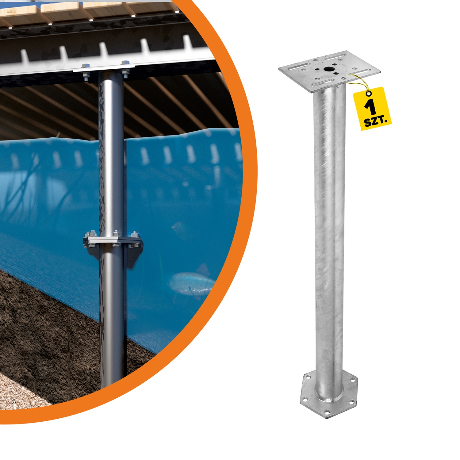 Verlängerung für PWM/PWF Bodenhülse sechseckiger Flansch - PWC | 1000 mm Basisverlängerung PWM/PWF, sechseckiger PWC-Flansch, 1000 mm, S235-Baustahl, silber, Produktfoto.