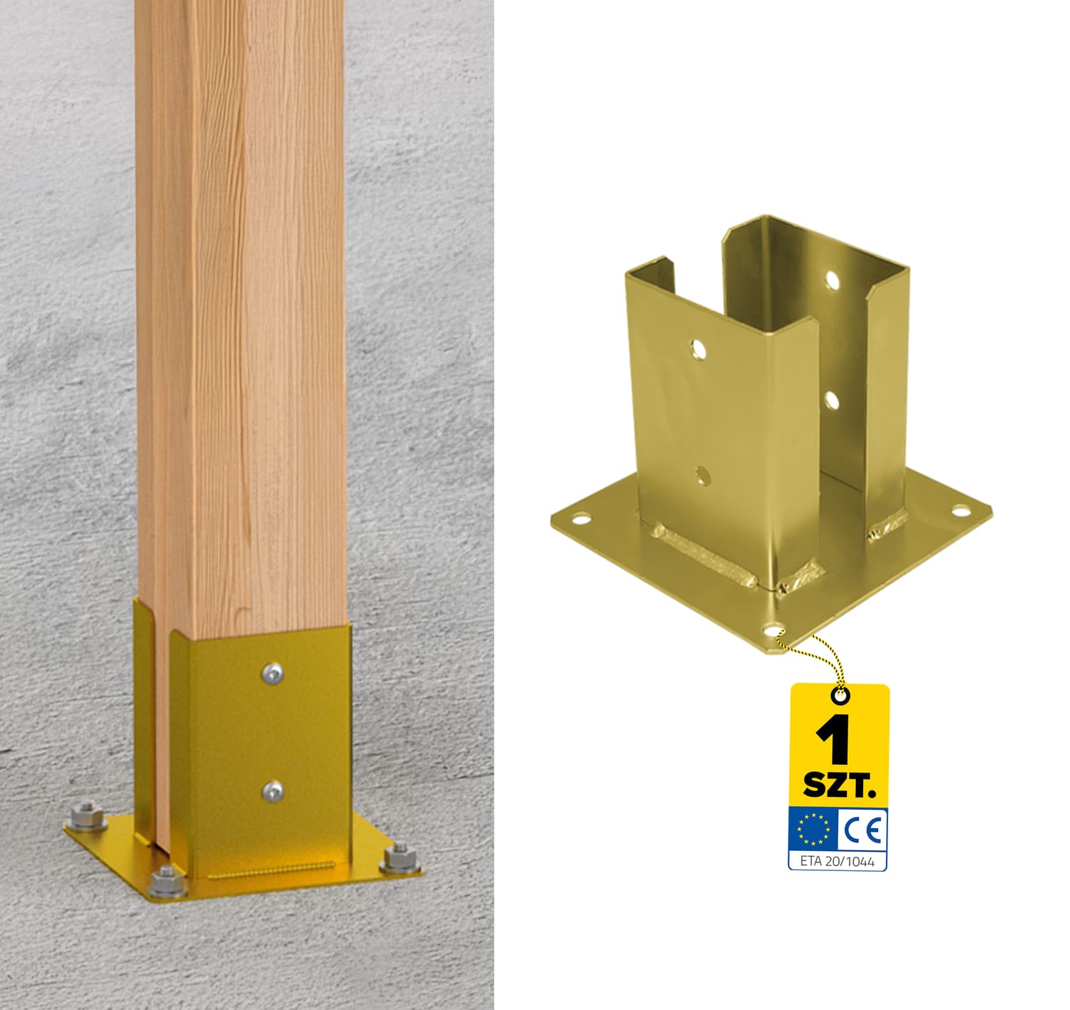 Podstawa słupa kotwa przykręcana podwójna z podstawą prostokątną - PSPD | 100 mm | Złoty Podstawa słupa kotwa przykręcana podwójna z podstawą prostokątną - PSPD | 100 mm | Złoty