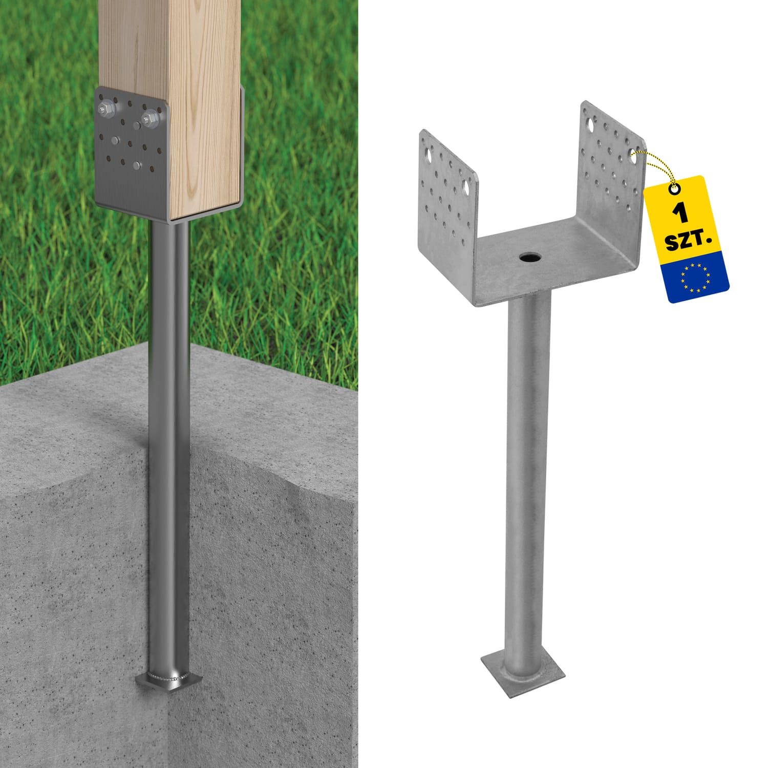 U Pfostenträger zum Einbetonieren breit Mehrpunkt mit 500 mm Rohr Pfostenanker Stützen Betonanker - PSS 160 R500 | 160x629 mm | feuerverzinkt U-förmiger Mastfuß, Mehrpunkt-Langrohr PSS 160 R500, 160x629 mm.