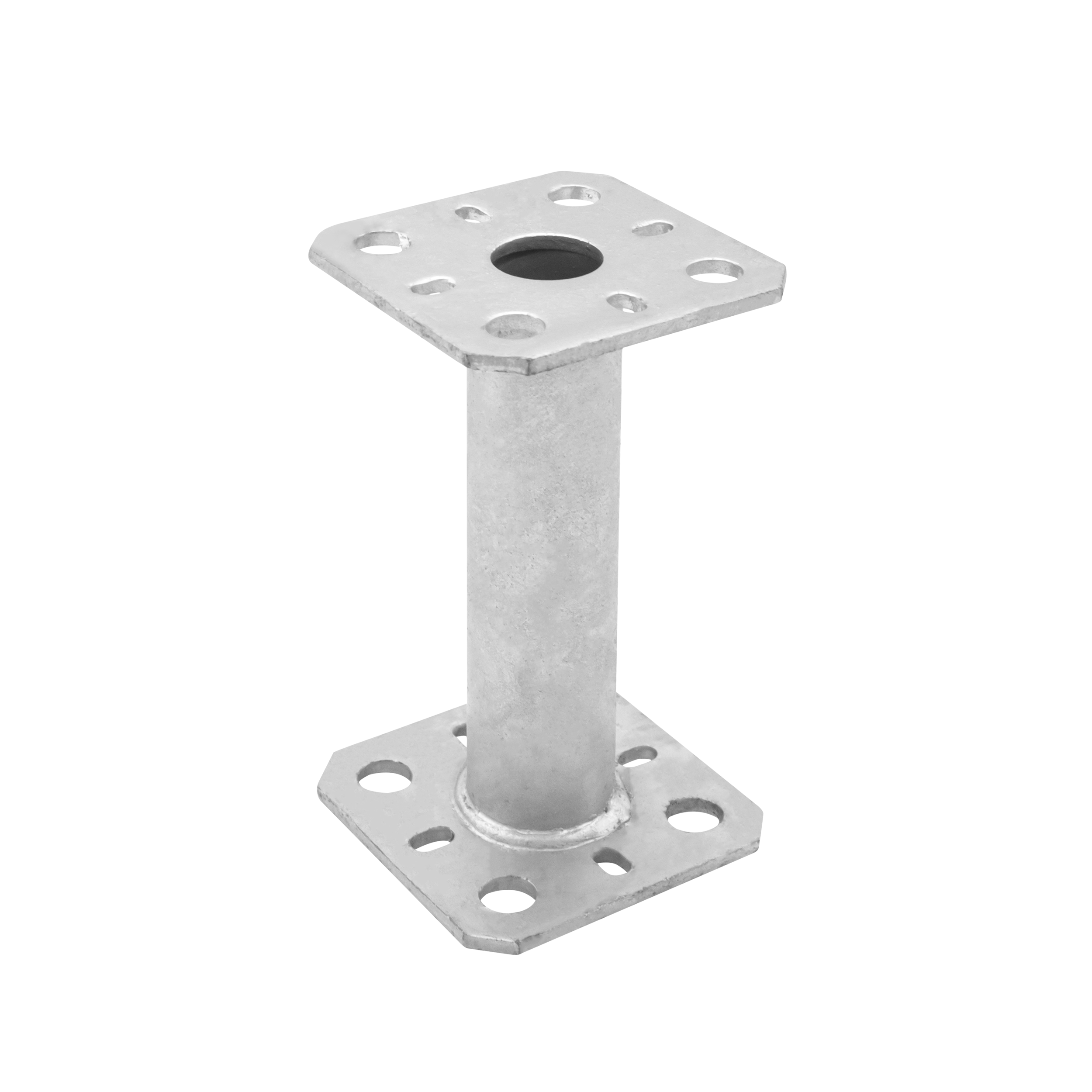 Pfostenträger flach Konsole mit Rohr - PMF | 80x80 mm | 150 mm | feuerverzinkt Mastfußanker-Flachhalterung mit PMF-Rohr, 80x80 mm, 150 mm, silber, 80x80x150x4,0 mm.