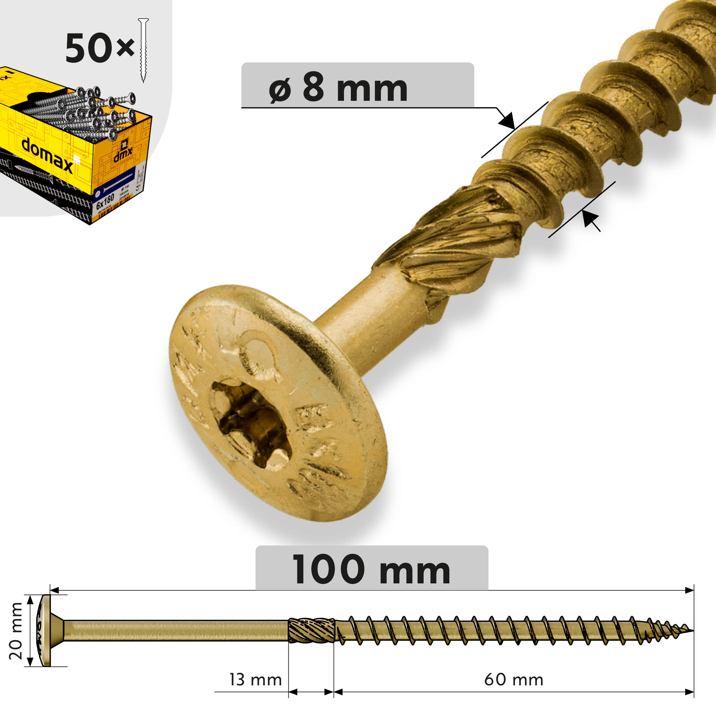 Holzbauschrauben Tellerkopf TORX Teilgewinde - CT | 8 x 100 mm | gelb verzinkt | 50 Stk. TORX CT Zimmermannsplattenschrauben fĂŒr Holz, 8x100 mm, Gold, 50 Stk., 8x100 mm, gehĂ€rteter Kohlenstoffstahl, Produktbild.